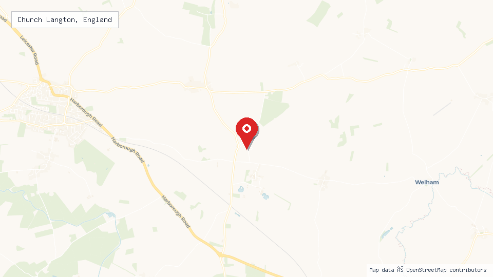 Street map of Church Langton, England with location pin