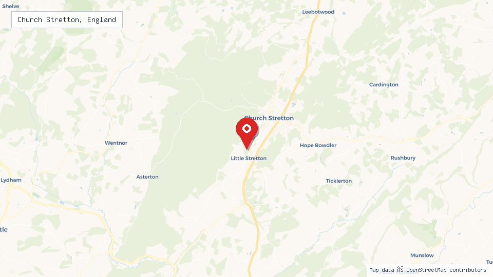 Street map of Church Stretton, England with location pin