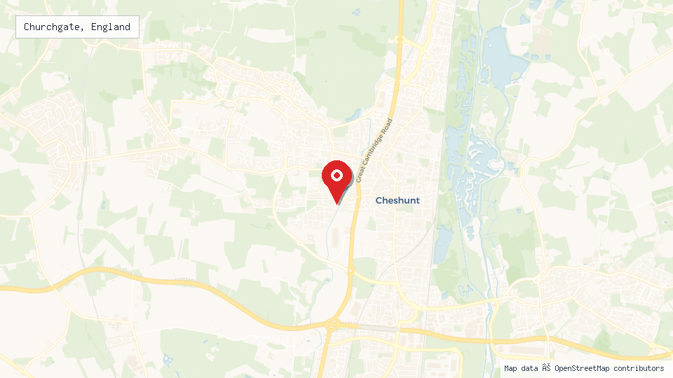 Street map of Churchgate, England with location pin
