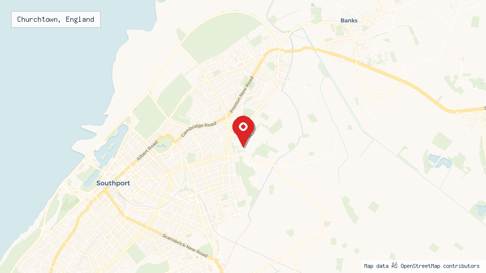 Street map of Churchtown, England with location pin