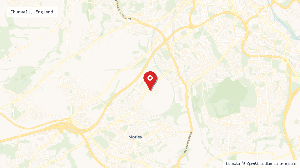 Street map of Churwell, England with location pin