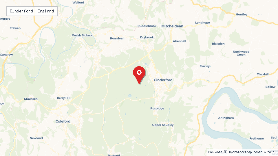 Street map of Cinderford, England with location pin