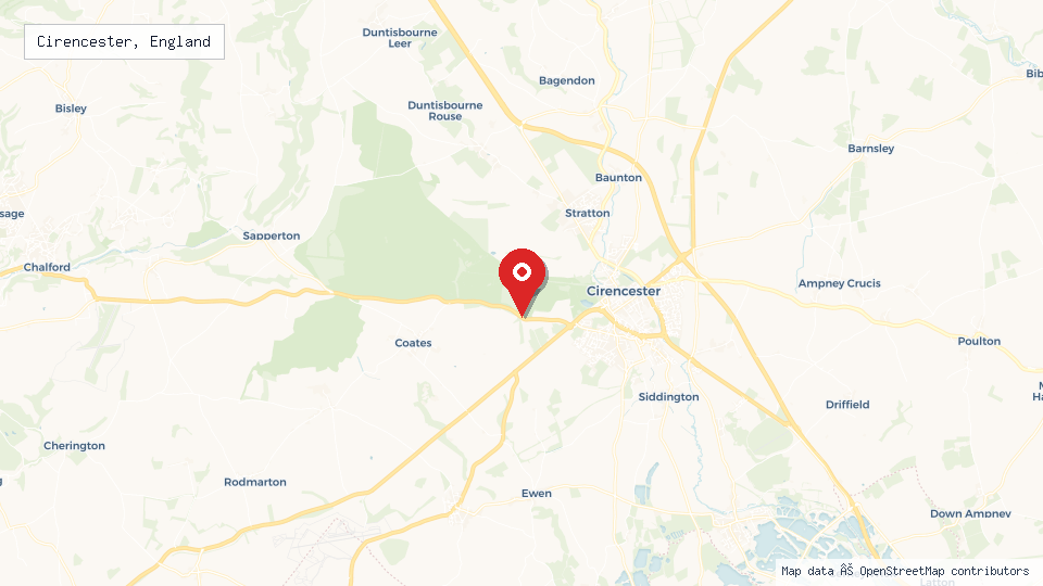 Street map of Cirencester, England with location pin