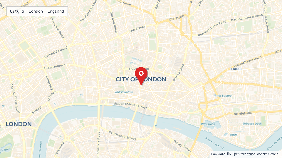 Street map of City of London, England with location pin