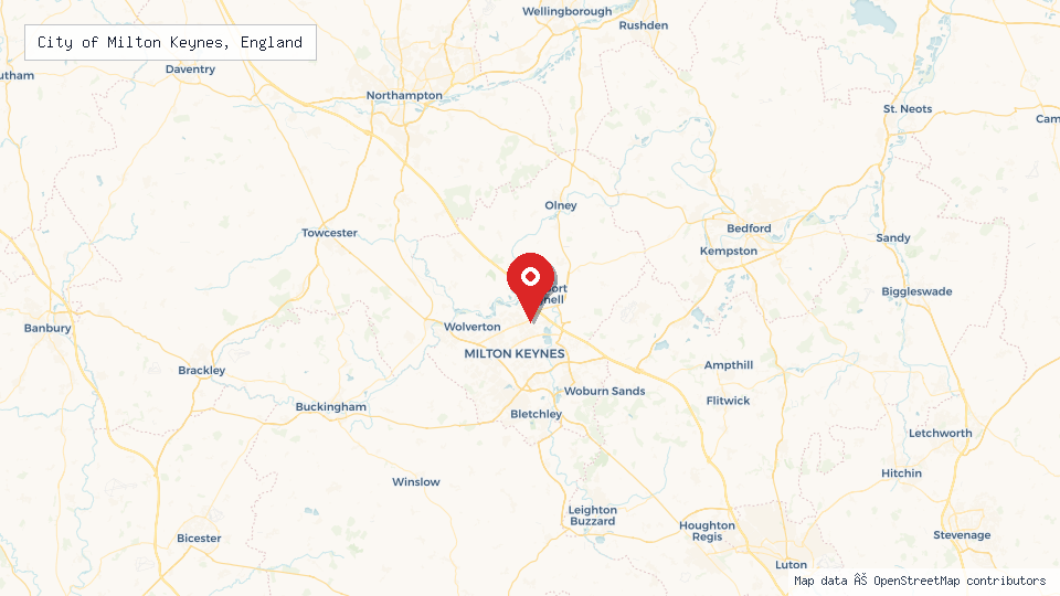 Street map of City of Milton Keynes, England with location pin