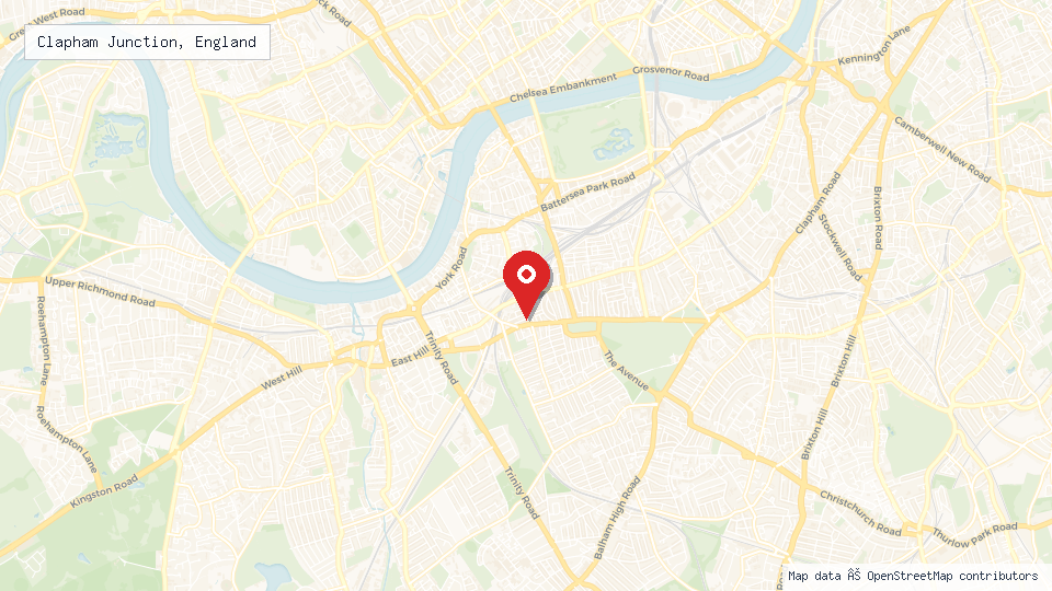 Street map of Clapham Junction, England with location pin
