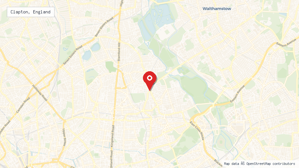 Street map of Clapton, England with location pin