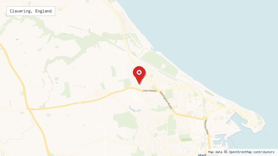 Street map of Clavering, England with location pin