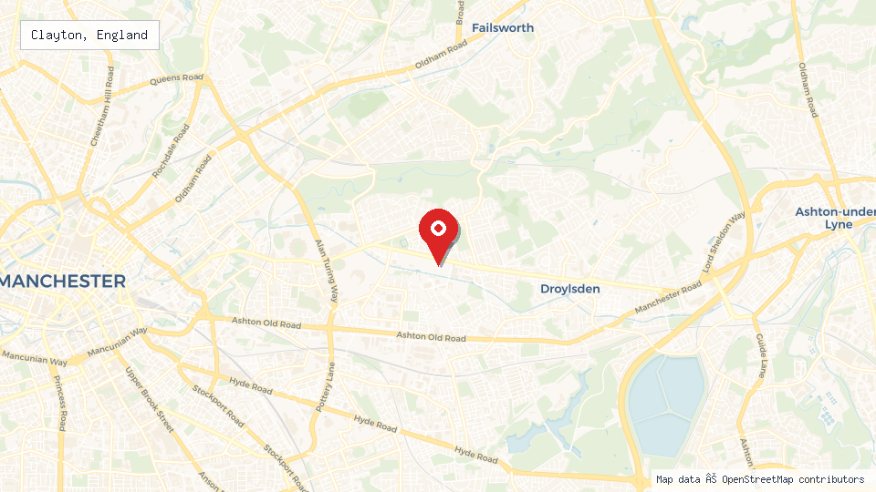 Street map of Clayton, England with location pin