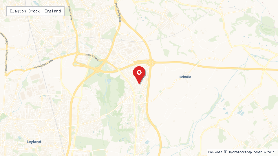 Street map of Clayton Brook, England with location pin