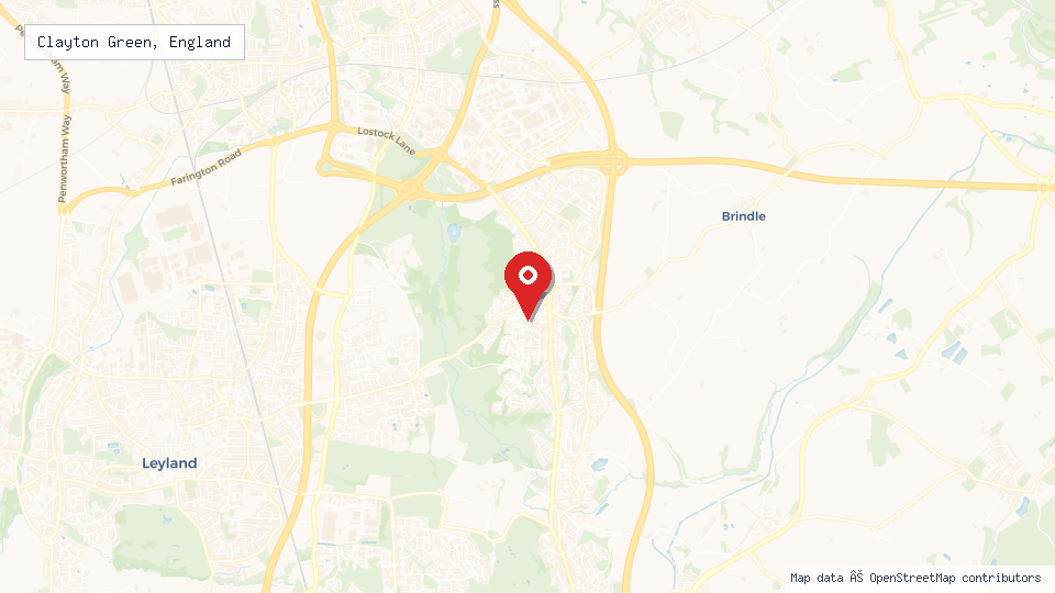 Street map of Clayton Green, England with location pin