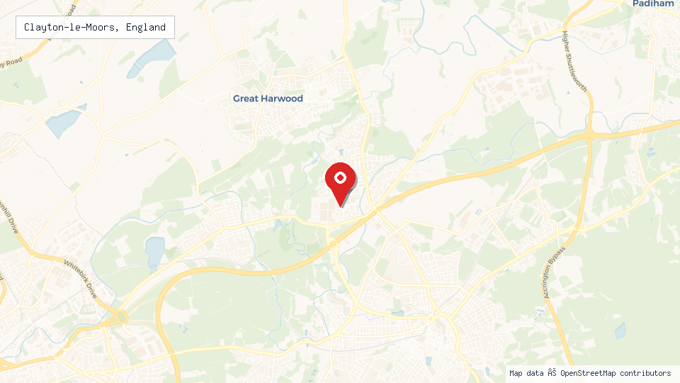 Street map of Clayton-le-Moors, England with location pin