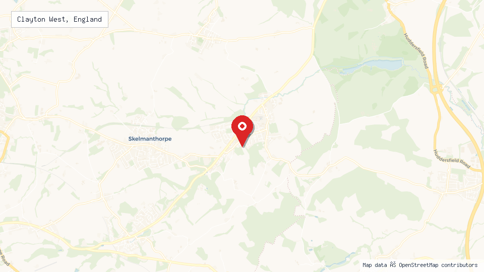 Street map of Clayton West, England with location pin