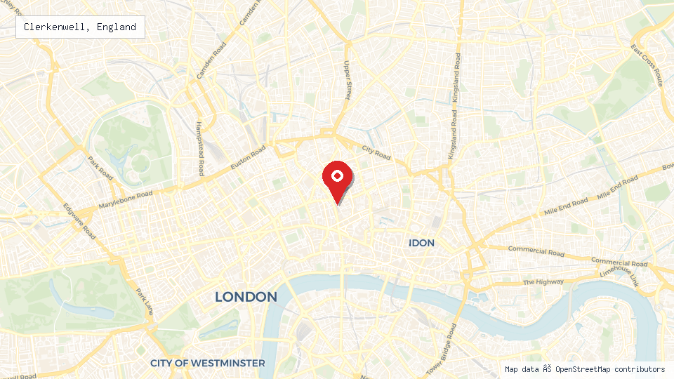 Street map of Clerkenwell, England with location pin