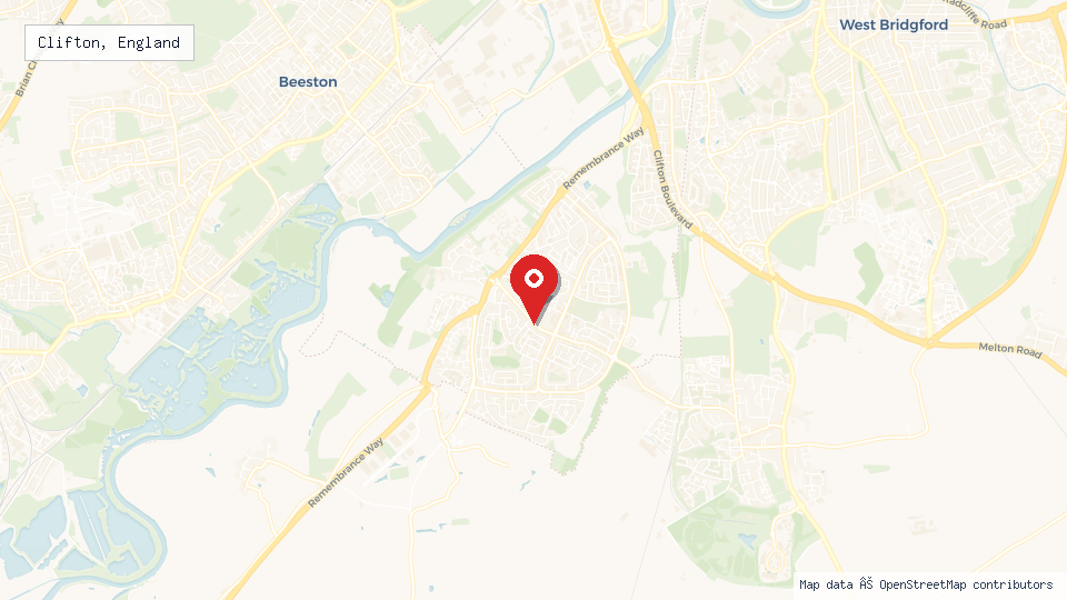 Street map of Clifton, England with location pin