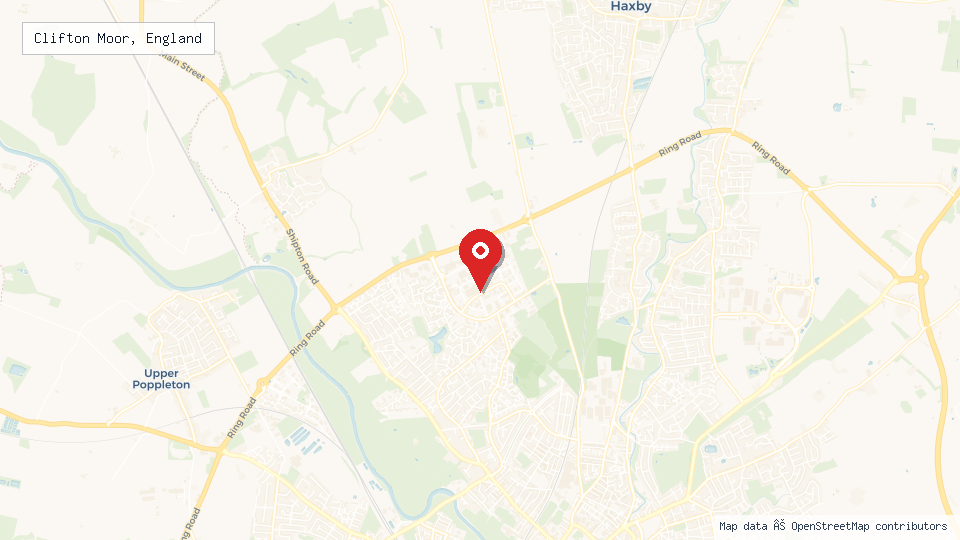 Street map of Clifton Moor, England with location pin