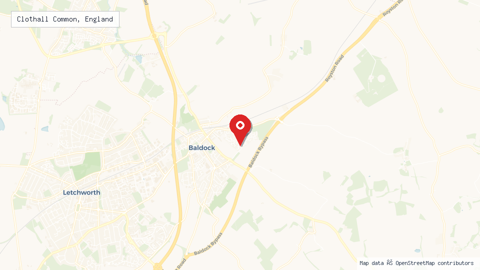 Street map of Clothall Common, England with location pin
