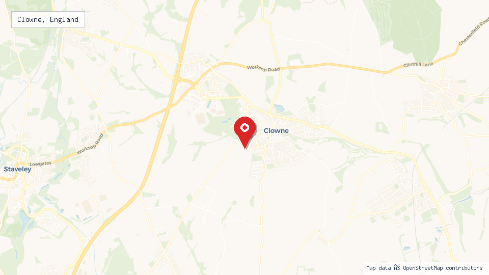 Street map of Clowne, England with location pin