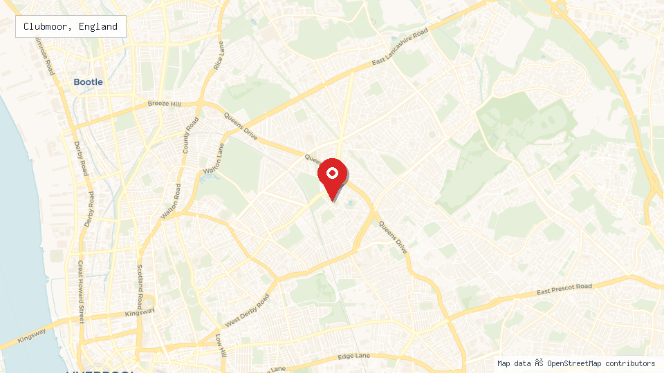 Street map of Clubmoor, England with location pin