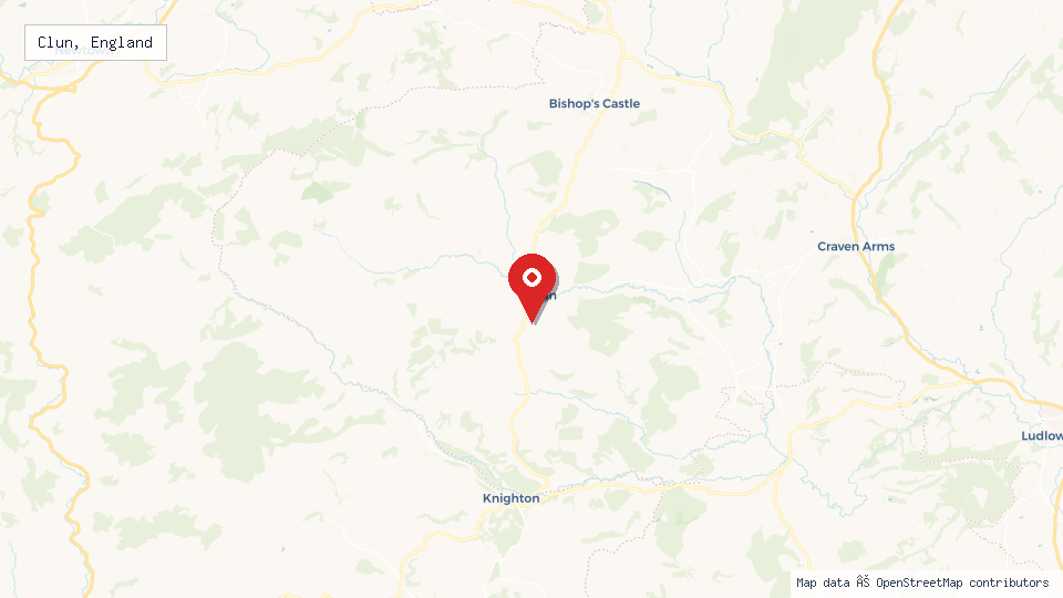Street map of Clun, England with location pin