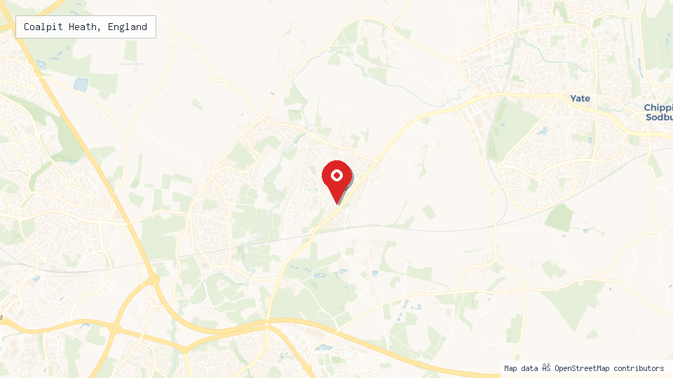 Street map of Coalpit Heath, England with location pin