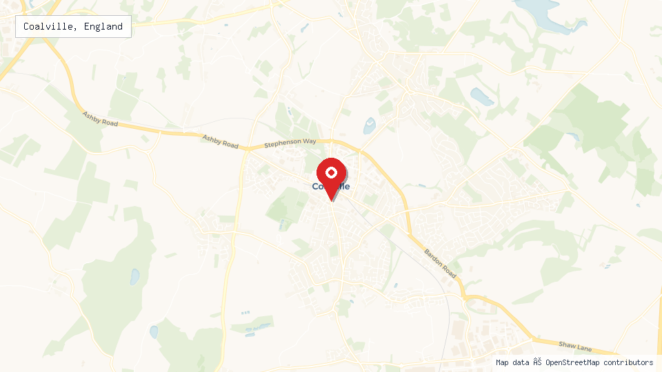 Street map of Coalville, England with location pin