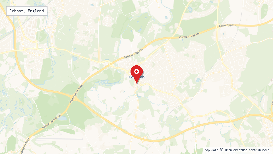 Street map of Cobham, England with location pin