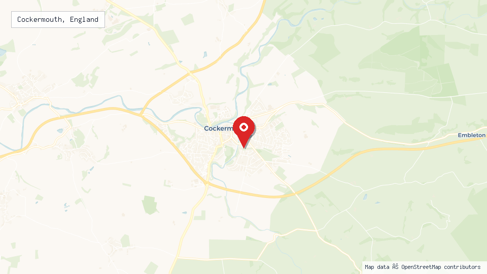 Street map of Cockermouth, England with location pin