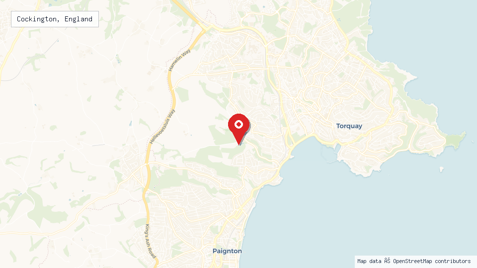 Street map of Cockington, England with location pin