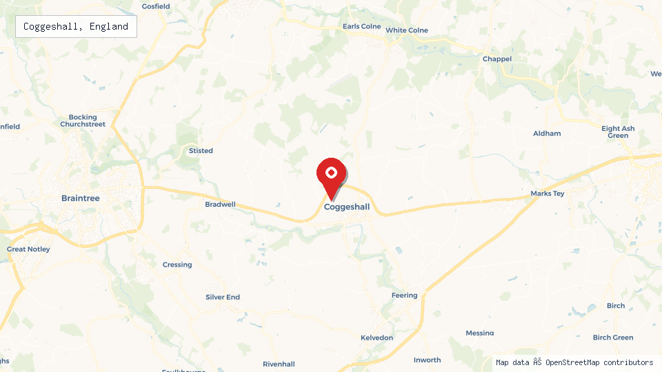 Street map of Coggeshall, England with location pin