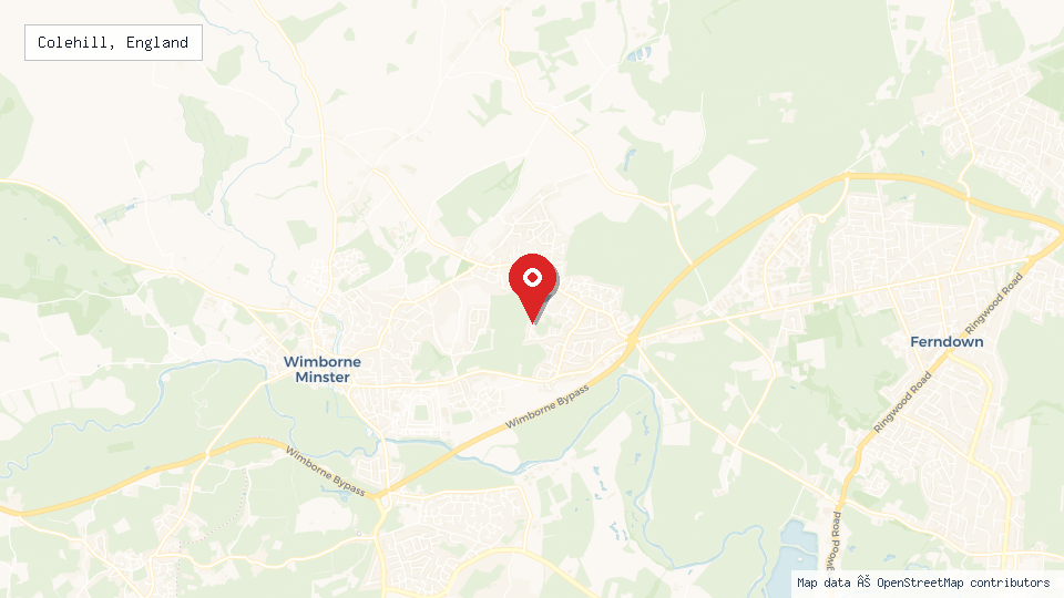Street map of Colehill, England with location pin
