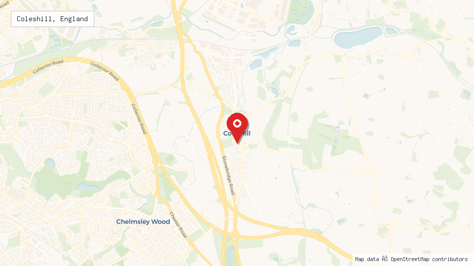 Street map of Coleshill, England with location pin