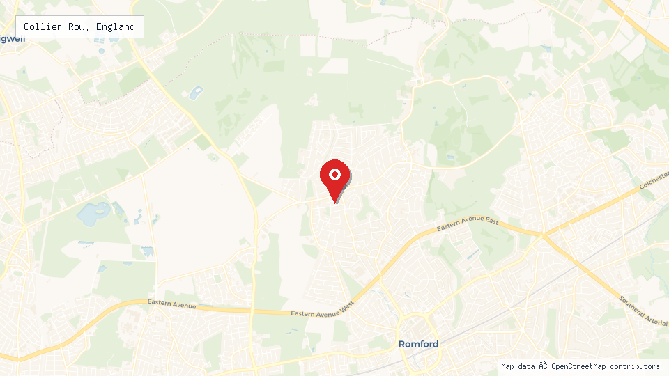 Street map of Collier Row, England with location pin