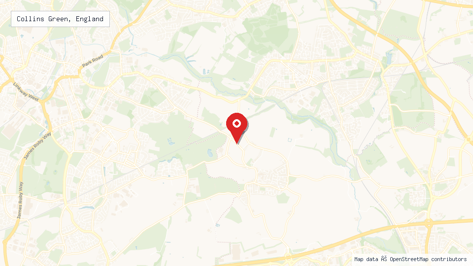 Street map of Collins Green, England with location pin