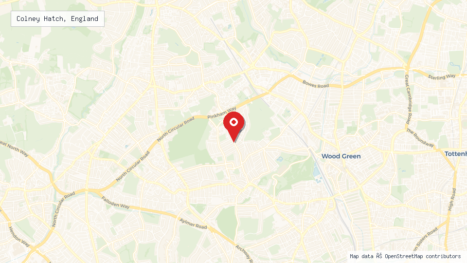 Street map of Colney Hatch, England with location pin