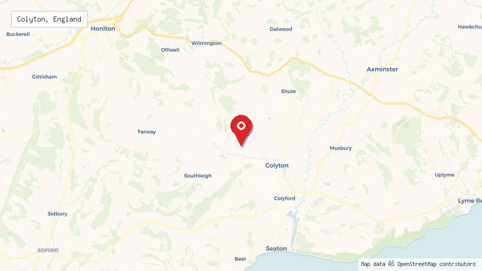 Street map of Colyton, England with location pin