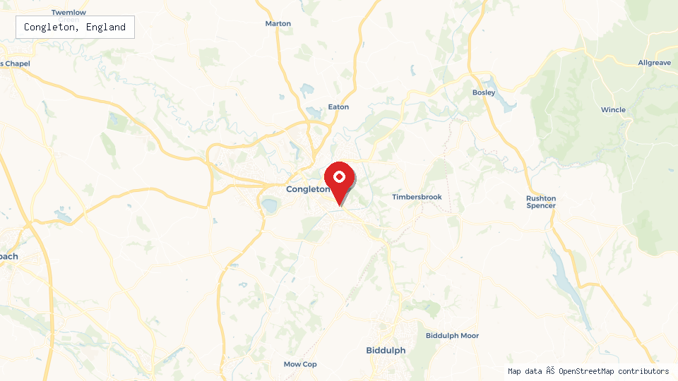 Street map of Congleton, England with location pin