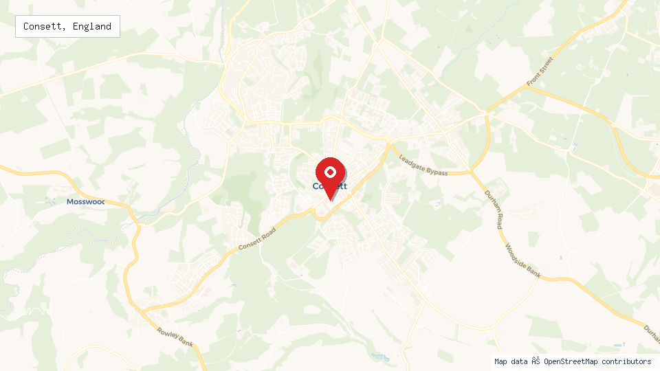 Street map of Consett, England with location pin