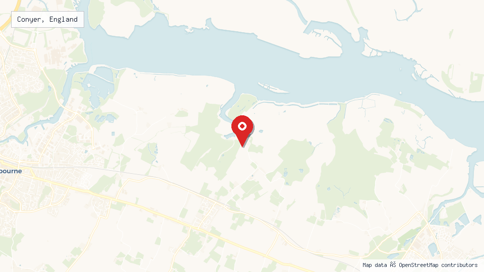 Street map of Conyer, England with location pin