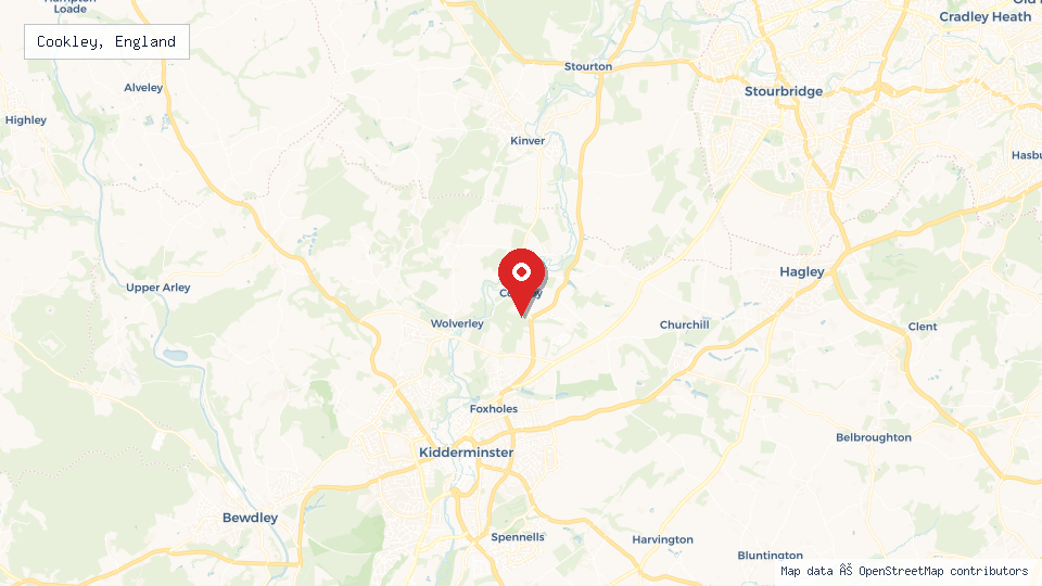 Street map of Cookley, England with location pin