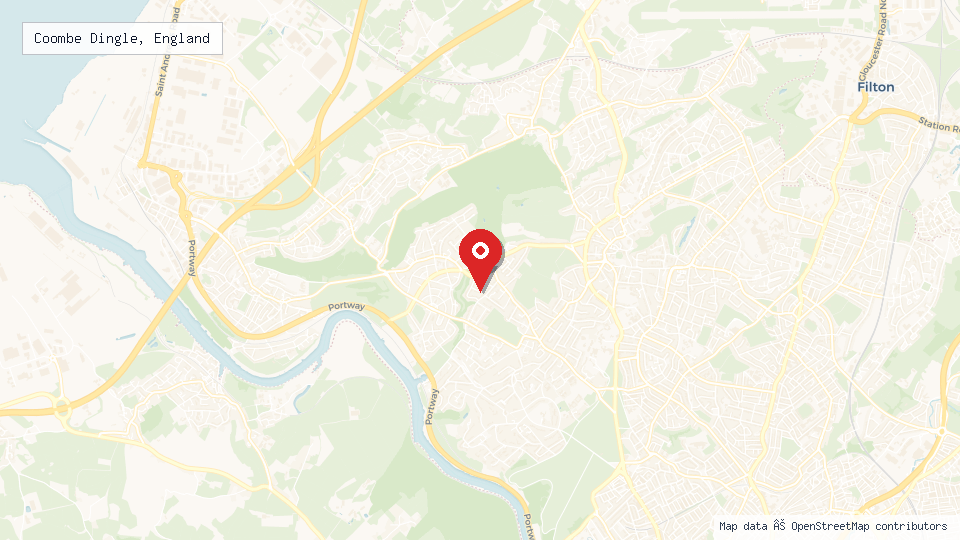 Street map of Coombe Dingle, England with location pin
