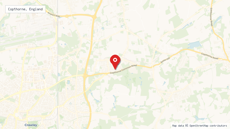 Street map of Copthorne, England with location pin