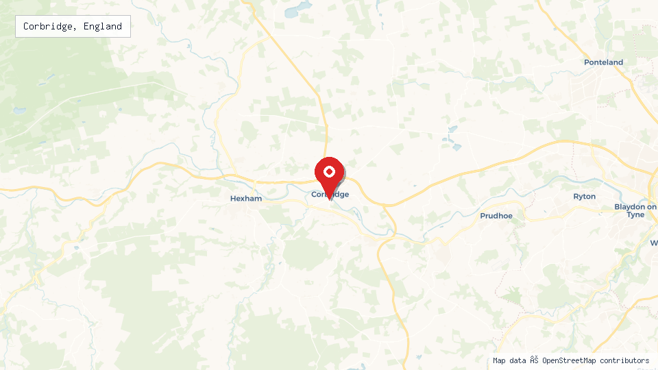 Street map of Corbridge, England with location pin