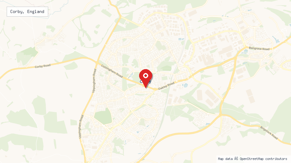 Street map of Corby, England with location pin