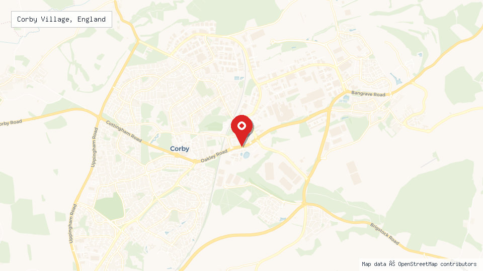 Street map of Corby Village, England with location pin