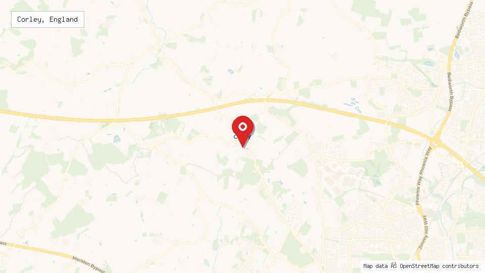 Street map of Corley, England with location pin