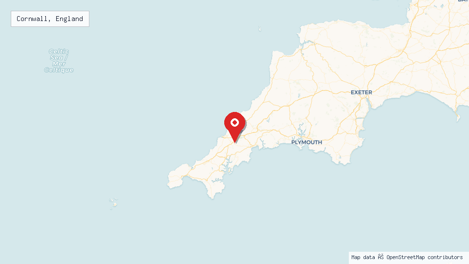 Street map of Cornwall, England with location pin