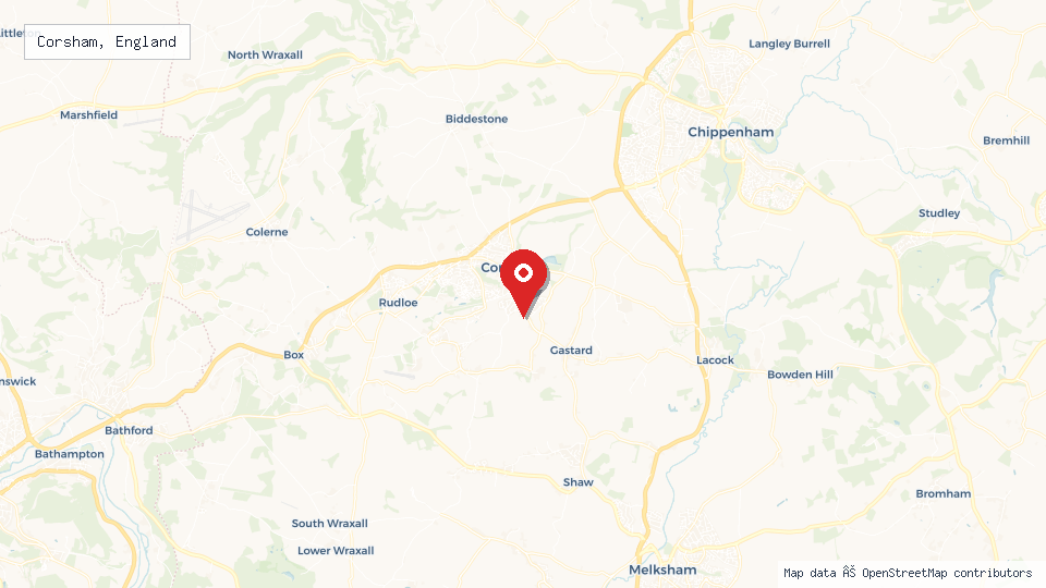 Street map of Corsham, England with location pin