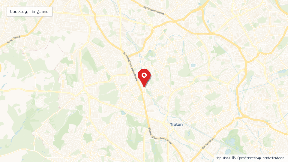 Street map of Coseley, England with location pin