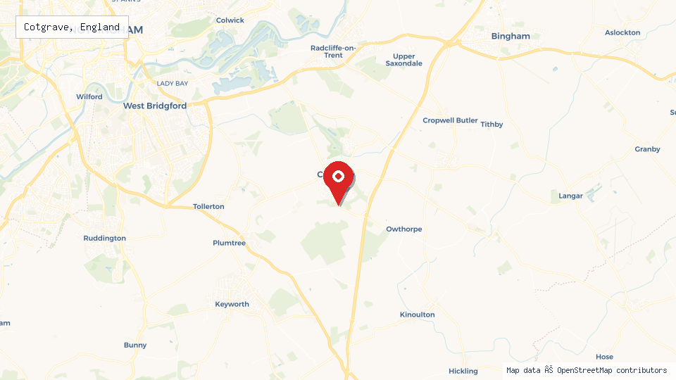 Street map of Cotgrave, England with location pin